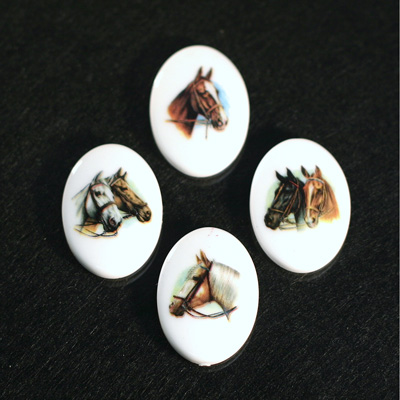 German Plastic Porcelain Decal Painting - Horses Oval 25x18MM ON CHALKWHITE BASE