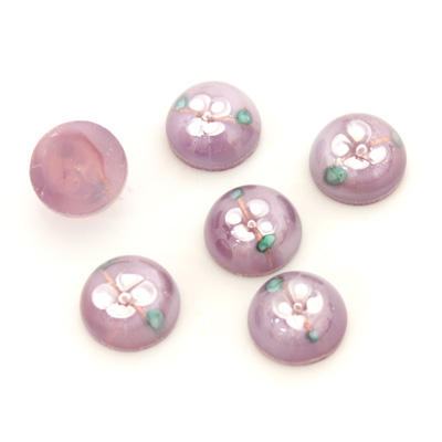 Glass Medium Dome Lampwork Cabochon - Round 10MM WHITE ON AMETHYST (00569)