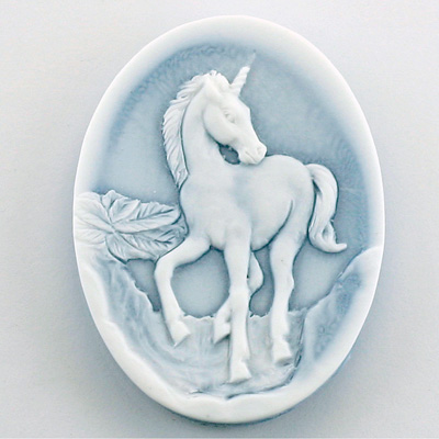 Plastic Cameo - Unicorn Oval 40x30MM WHITE ON ROYAL BLUE FS