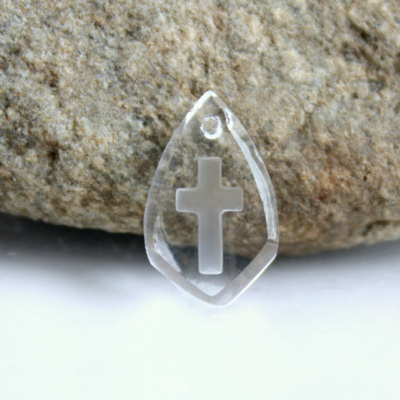 German Glass Engraved Buff Top Intaglio Pendant - Cross Shield 16x10MM MATTE CRYSTAL