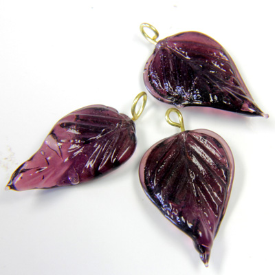 Glass Pendant Leaf with Brass Loop 24x14MM AMETHYST