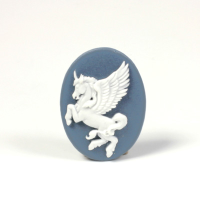 Plastic Cameo - Unicorn with Wings Oval 25x18MM WHITE ON ROYAL BLUE