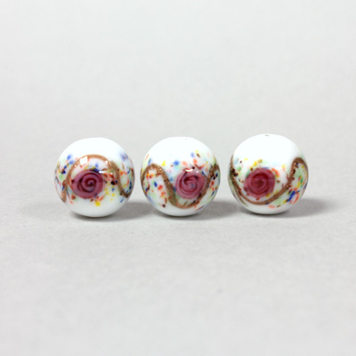 Czech Glass Lampwork Bead - Smooth Round 12MM Flower ON WHITE (0300)