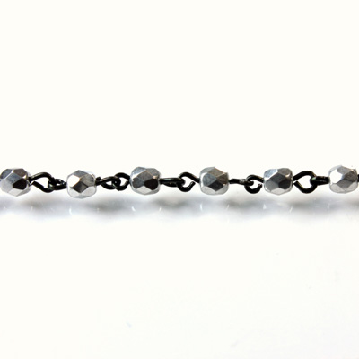 Linked Bead Chain Rosary Style with Glass Fire Polish Bead - Round 4MM SILVER-JET