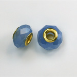 Glass Faceted Bead with Large Hole Gold Plated Center - Round 14x9MM OPAL BLUE