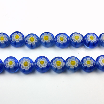 Glass Millefiori Bead - Flat Round 08x4MM LT BLUE WHITE YELLOW (31)