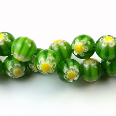 Glass Millefiori Bead - Round 10MM GREEN WHITE YELLOW (13)