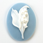 Plastic Cameo - Lily of the Valley Flower Oval 40x30MM WHITE ON BLUE