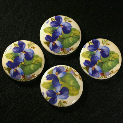 German Plastic Porcelain Decal Painting - Violets (2075) Round 30MM ON CHALKWHITE BASE