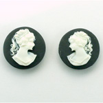 Plastic Cameo - Woman with Ponytail Round 18MM WHITE ON BLACK