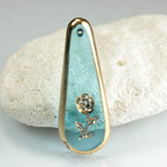 Glass Engraved Intaglio Flower Pendant with Chaton Insert - Pear 28x10MM AQUA with GOLD