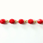 Linked Bead Chain Rosary Style with Glass Fire Polish Bead - Round 6MM RED-Brass