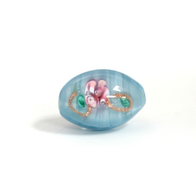 Czech Glass Lampwork Bead - Oval Smooth 20x12MM Flower PINK ON AQUA (04880)