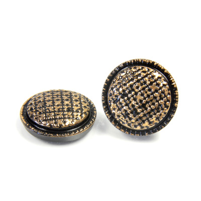 Glass Flat Back Engraved Button Top - Round Checker 18MM GOLD on JET