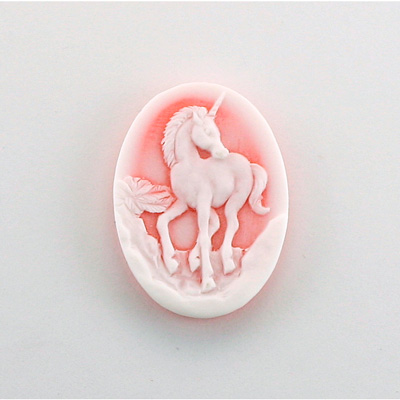 Plastic Cameo - Unicorn Oval 25x18MM WHITE ON ORANGE RED FS