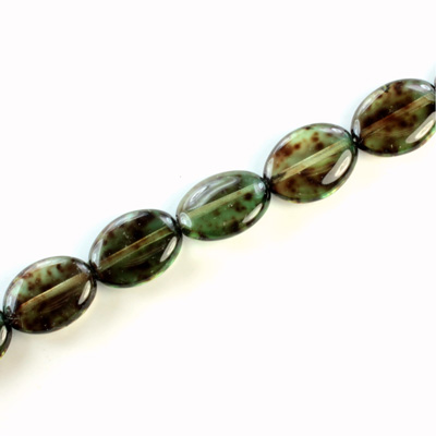 Czech Pressed Glass Bead - Flat Oval 12x9MM SPECKLE GREEN 64578