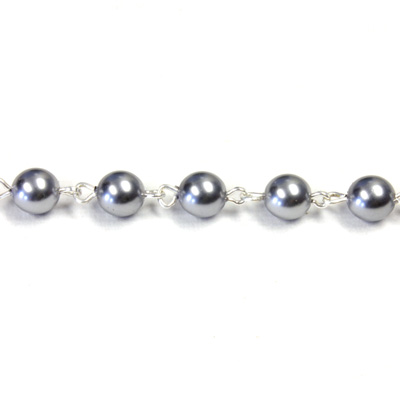 Linked Bead Chain Rosary Style with Glass Pearl Bead - Round 6MM GREY-SILVER