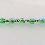 Linked Bead Chain Rosary Style with Glass Fire Polish Bead - Round 6MM PERIDOT AB-JET