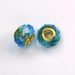 Glass Faceted Bead with Large Hole Gold Plated Center - Round 14x9MM AQUA