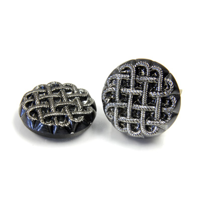 Glass Flat Back Engraved Button Top - Round Basket Weave 18MM SILVER COATED