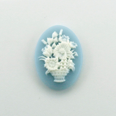 Plastic Cameo - Flower Basket Oval 25x18MM WHITE ON BLUE