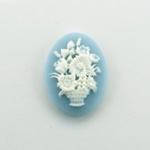 Plastic Cameo - Flower Basket Oval 25x18MM WHITE ON BLUE