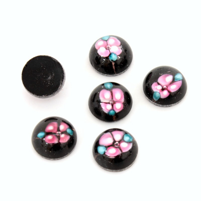 Glass Medium Dome Lampwork Cabochon - Round 10MM PINK ON JET (00555)