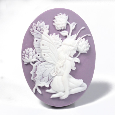 Plastic Cameo - Fairy Kneeling Oval 40x30MM WHITE ON LILAC
