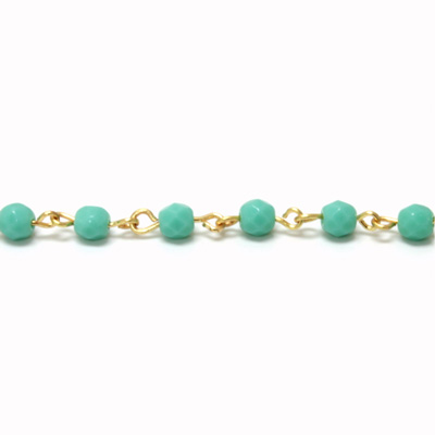 Linked Bead Chain Rosary Style with Glass Fire Polish Bead - Round 4MM TURQUOISE-GOLD