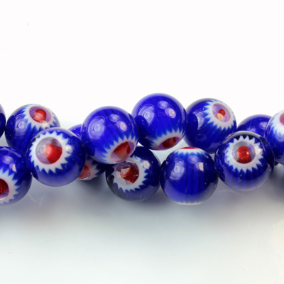 Glass Millefiori Bead - Round 10MM BLUE WHITE RED (27)