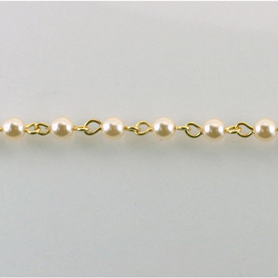 Linked Bead Chain Rosary Style with Glass Pearl Bead - Round 4MM CREME-GOLD