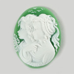 Plastic Cameo - Twins Oval 40x30MM WHITE ON GREEN