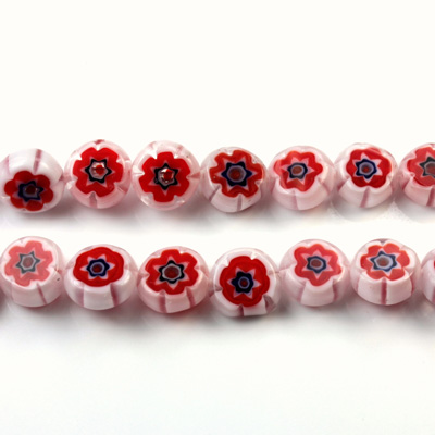 Glass Millefiori Bead - Flat Round 08x4MM WHITE RED BLUE (03)