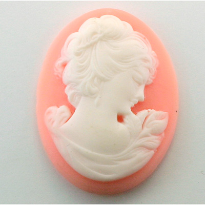 Plastic Cameo - Woman with Drop Earring Oval 40x30MM WHITE ON ANGELSKIN