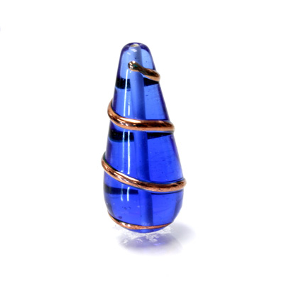 Czech Glass Lampwork Bead - Pear 36x15MM COPPER WRAP COBALT