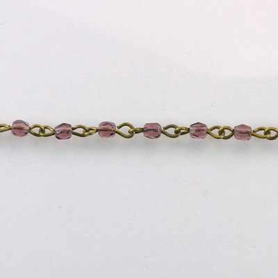 Linked Bead Chain Rosary Style with Glass Fire Polish Bead - Round 3MM AMETHYST-Brass