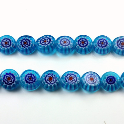 Glass Millefiori Bead - Flat Round 08x4MM AQUA BLUE RED WHITE (06)