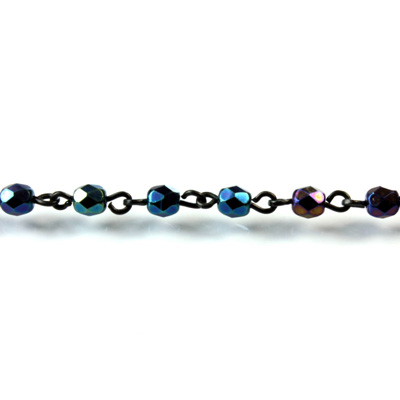 Linked Bead Chain Rosary Style with Glass Fire Polish Bead - Round 4MM IRIS BLUE-JET