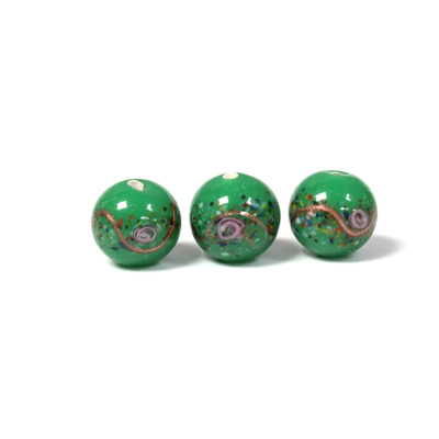 Czech Glass Lampwork Bead - Smooth Round 10MM Flower ON GREEN (5323)