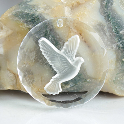 German Glass Engraved Buff Top Intaglio Pendant - DOVE Heart 30MM MATTE CRYSTAL