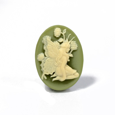 Plastic Cameo - Fairy Kneeling Oval 25x18MM IVORY ON OLIVE GREEN