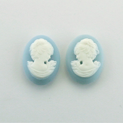 Plastic Cameo - Woman with Drop Earring Oval 18x13MM WHITE ON BLUE