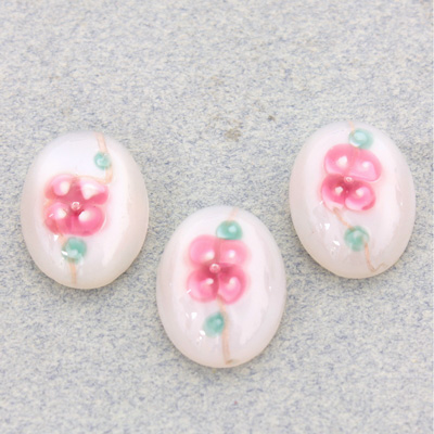 Glass Medium Dome Lampwork Cabochon - Oval 18x13MM PINK ON WHITE (04863)