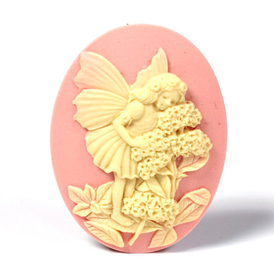 Plastic Cameo - Fairy with Flowers Oval 40x30MM IVORY ON PINK