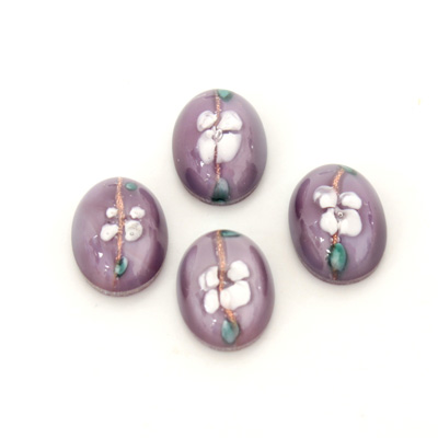 Glass Medium Dome Lampwork Cabochon - Oval 14x10MM WHITE ON AMETHYST (00569)