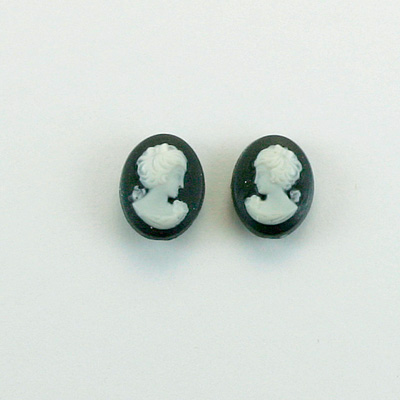 Plastic Cameo - Woman with Bow Oval 10x8MM WHITE ON BLACK