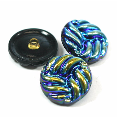 Glass Button - Engraved Top Metal Shank Round 23MM JET AB