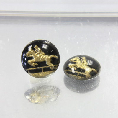 Glass Crystal Painting with Carved Intaglio Jumping Horse Round 13MM GOLD on JET