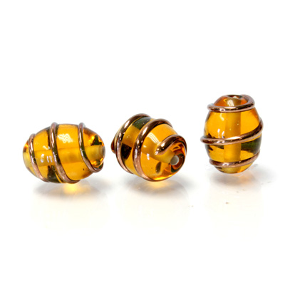 Czech Glass Lampwork Bead - Oval 14x10MM COPPER WRAP TOPAZ