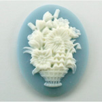 Plastic Cameo - Flower Basket Oval 40x30MM WHITE ON BLUE
